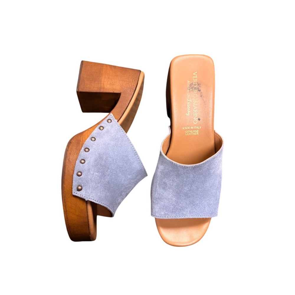 Verderosmarino Italy Blue Suede Studded Platform Block Heel Mule Sandals Size 40